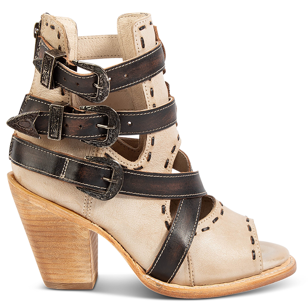 FREEBIRD women's Revenant beige leather sandal with whip stitch detailing, engraved buckles and an open toe construction 