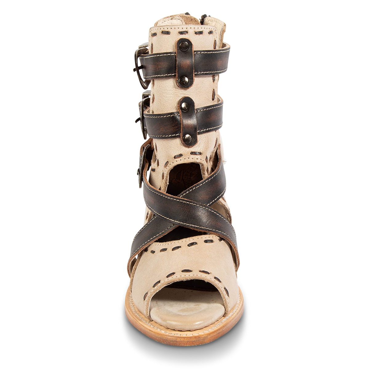 Front view showing FREEBIRD women's Revenant beige leather sandal with whip stitch detailing, engraved buckles and an open toe construction