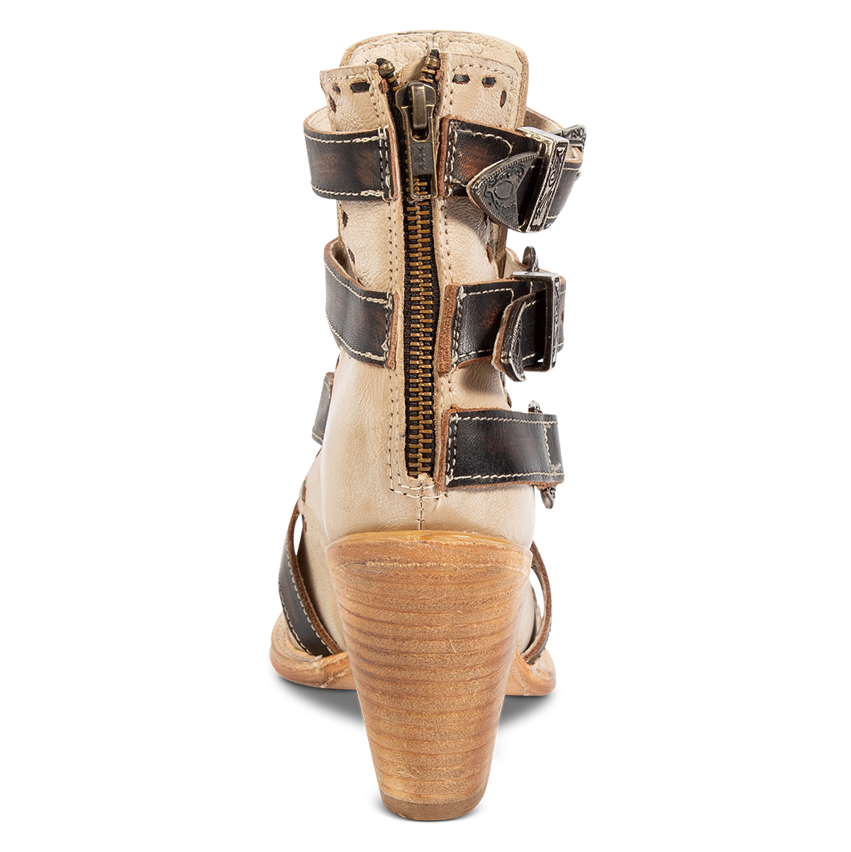 Back view showing a working brass zipper and stacked heel on FREEBIRD women's Revenant beige leather sandal