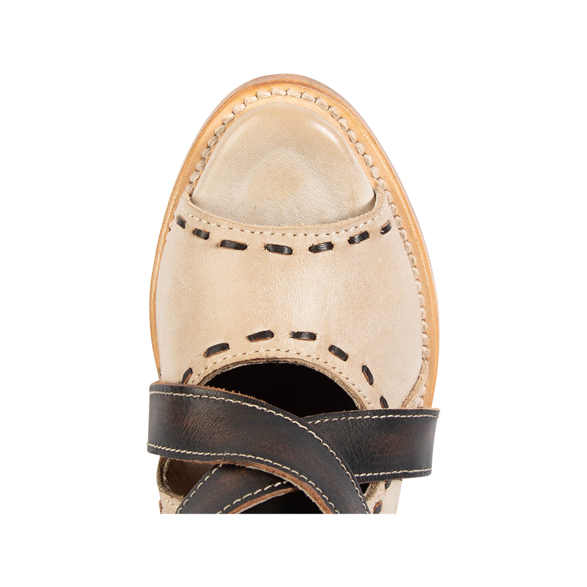 Top view showing an open toe construction and whip stitch detailing on FREEBIRD women's Revenant beige leather sandal