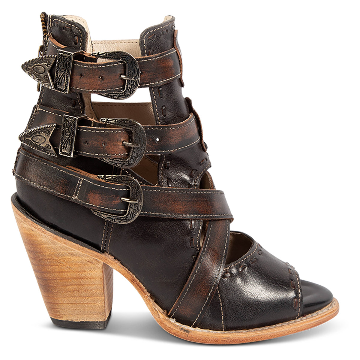 FREEBIRD women's Revenant black leather sandal with whip stitch detailing, engraved buckles and an open toe construction