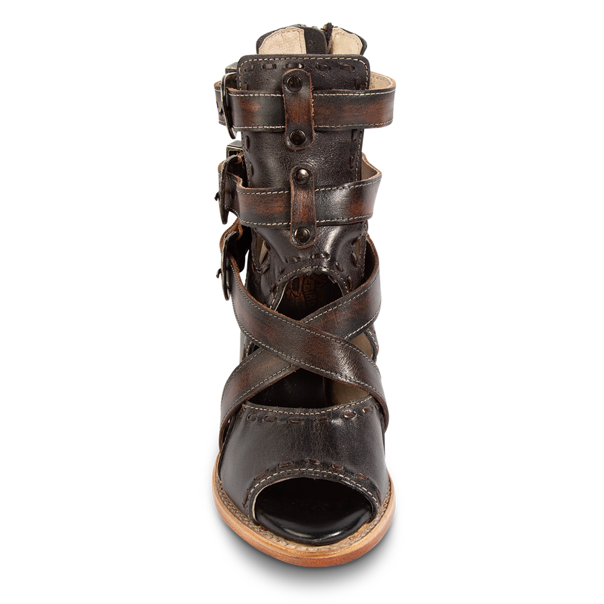 Front view showing FREEBIRD women's Revenant black leather sandal with whip stitch detailing, engraved buckles and an open toe construction