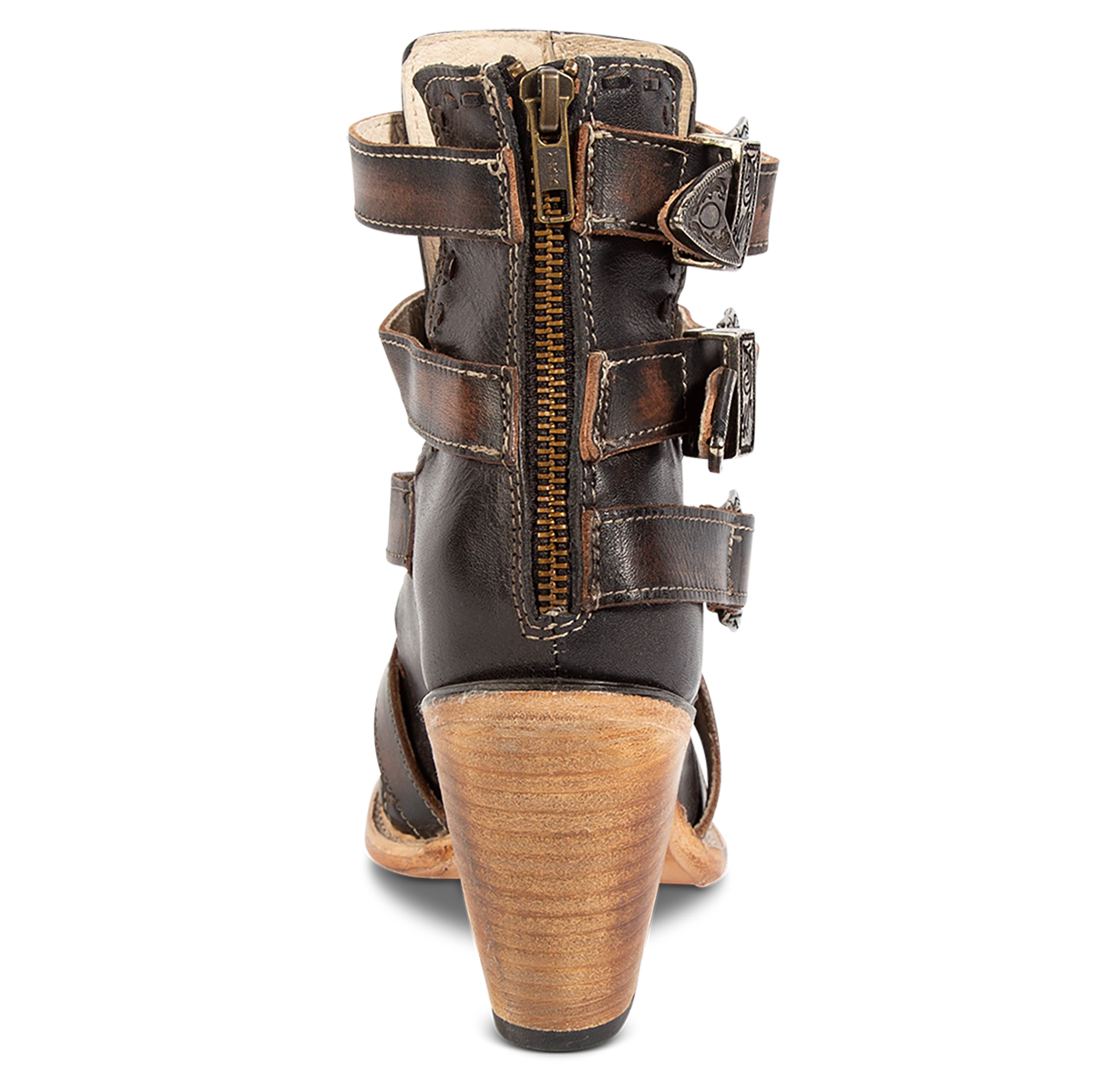 Back view showing a working brass zipper and stacked heel on FREEBIRD women's Revenant black leather sandal