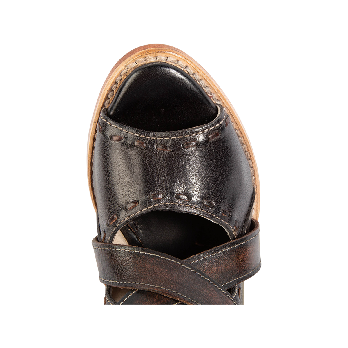 Top view showing an open toe construction and whip stitch detailing on FREEBIRD women's Revenant black leather sandal