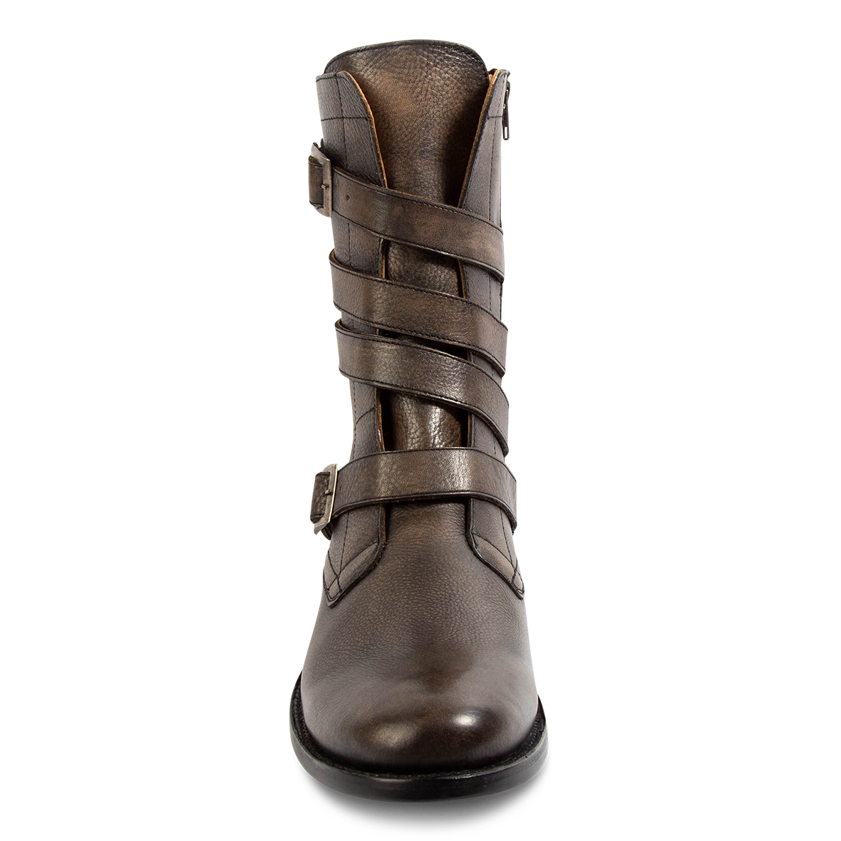 Front view showing FREEBIRD men's Rumble black distressed leather boot with a rounded toe and adjustable shaft straps 