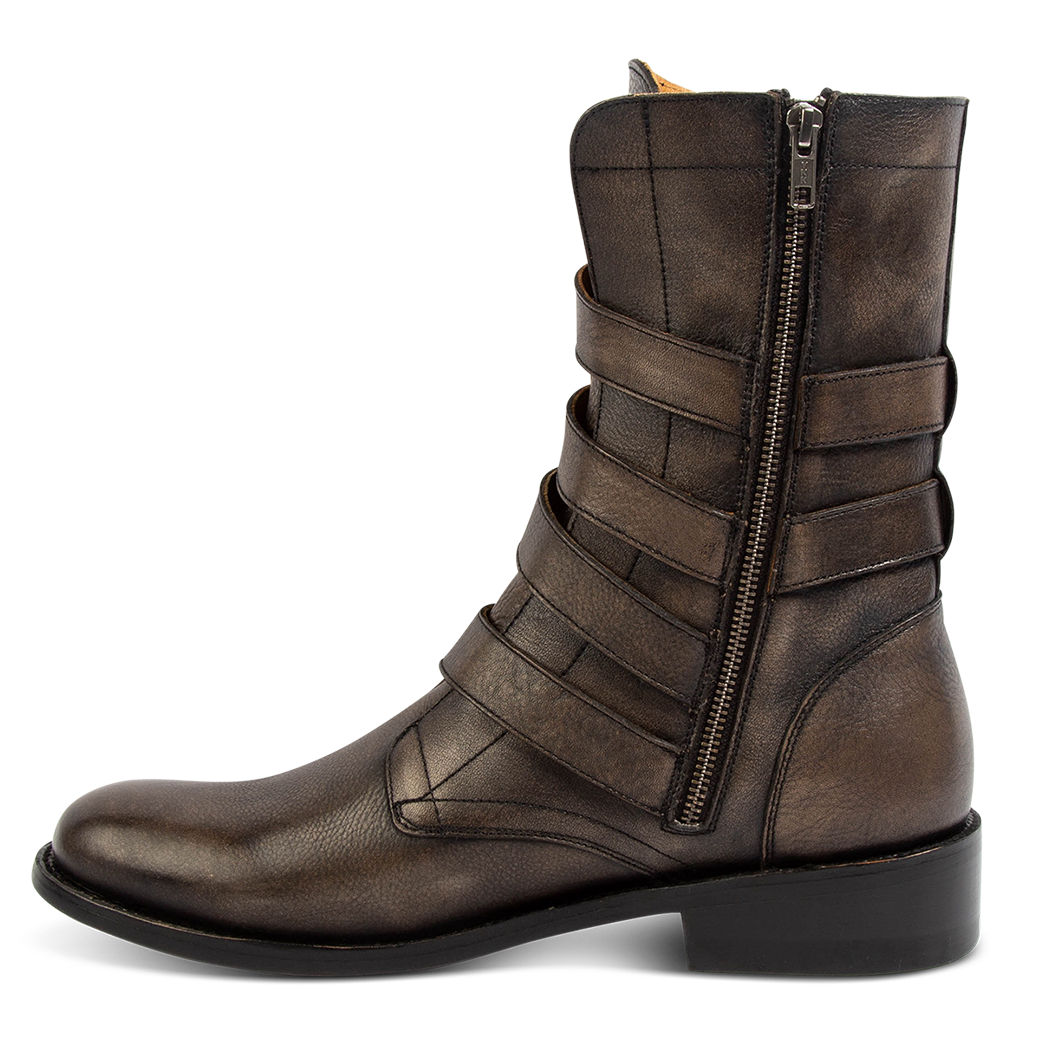 Inside view showing a working brass zipper, stacked heel and adjustable leather straps on FREEBIRD men's Rumble black distressed leather boot 