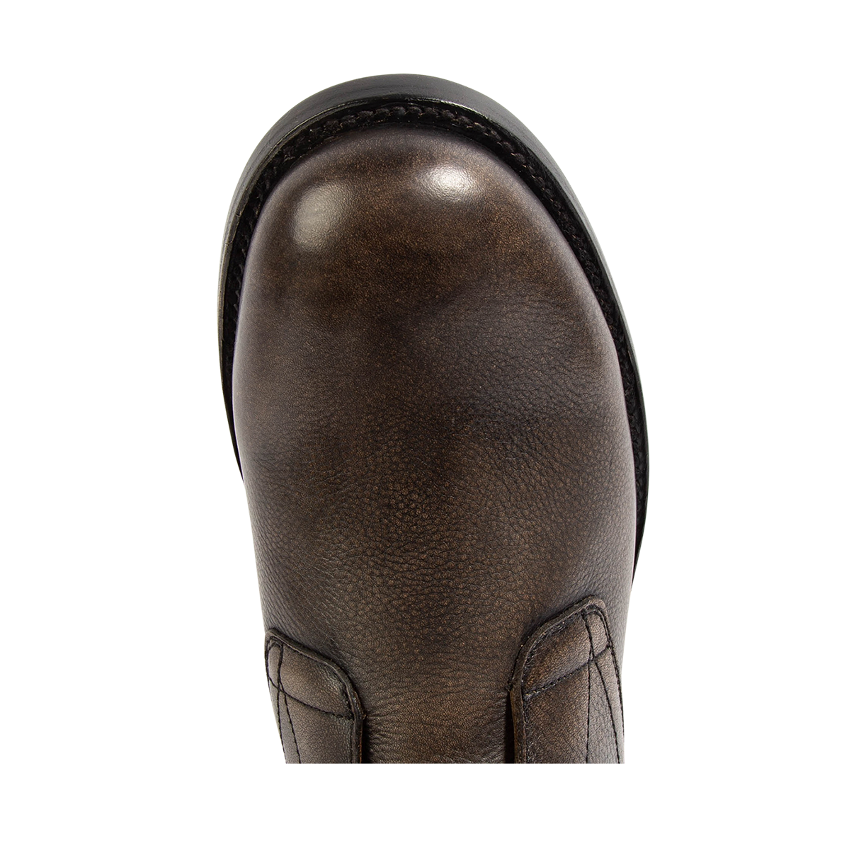 Top view showing a rounded toe on FREEBIRD men's Rumble black distressed leather boot