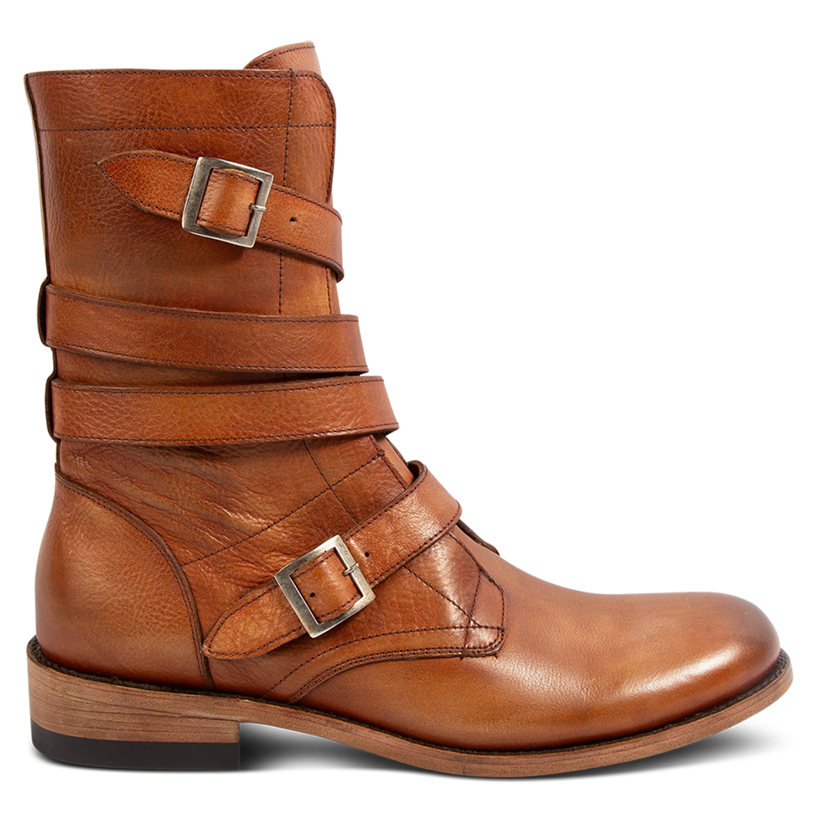 FREEBIRD men's Rumble whiskey leather boot with adjustable leather straps, a working brass zipper and stacked heel