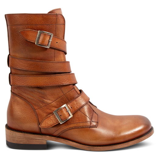 FREEBIRD men's Rumble whiskey leather boot with adjustable leather straps, a working brass zipper and stacked heel