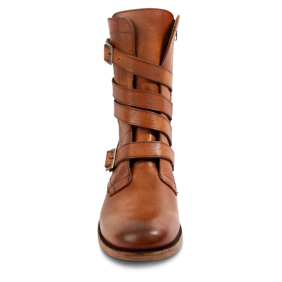 Front view showing FREEBIRD men's Rumble whiskey leather boot with a rounded toe and adjustable shaft straps