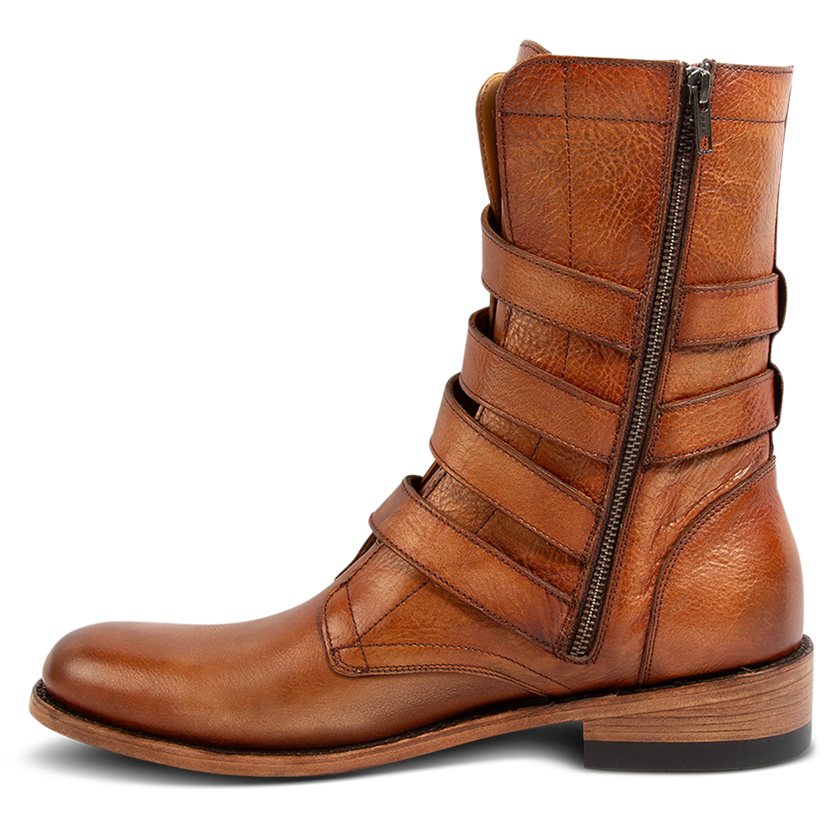 Inside view showing a working brass zipper, stacked heel and adjustable leather straps on FREEBIRD men's Rumble whiskey leather boot