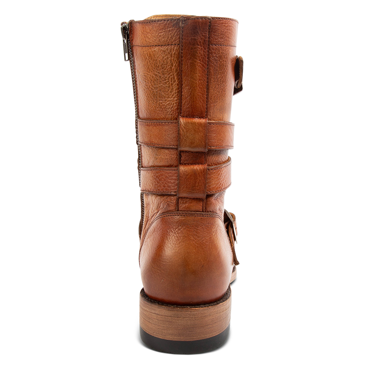 Back view showing a stacked heel on FREEBIRD men's Rumble whiskey leather boot