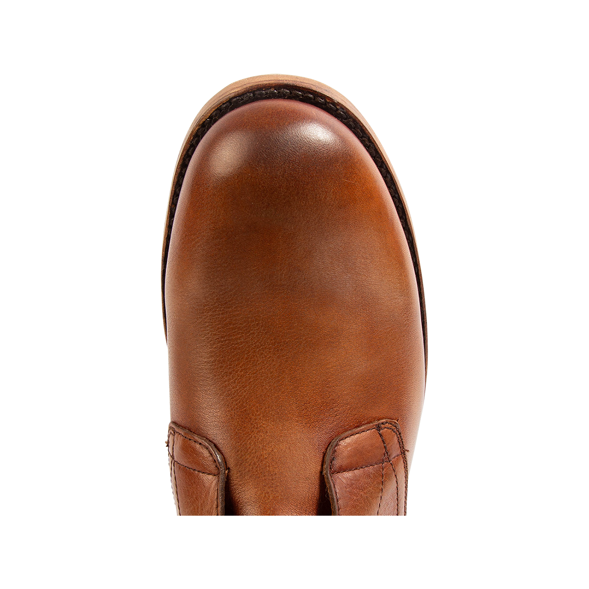 Top view showing a rounded toe on FREEBIRD men's Rumble whiskey leather boot