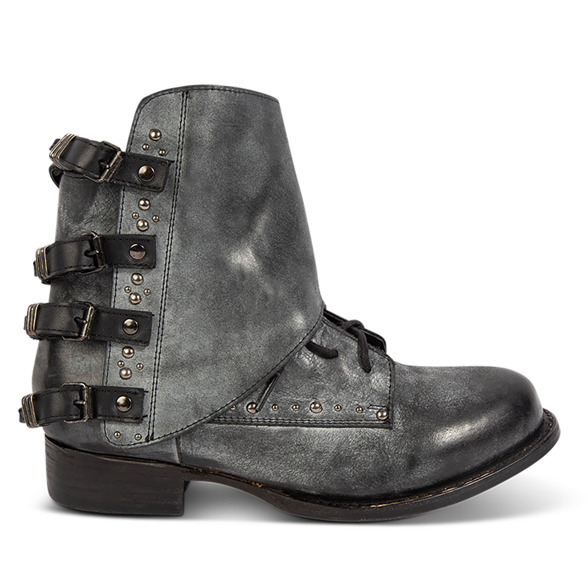 FREEBIRD women's Rynn black leather bootie with a protective leather overlay, front tie lacing and side snap closures