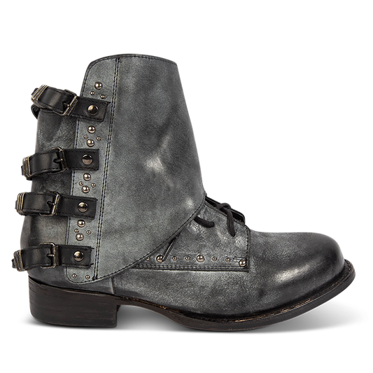 FREEBIRD women's Rynn black leather bootie with a protective leather overlay, front tie lacing and side snap closures