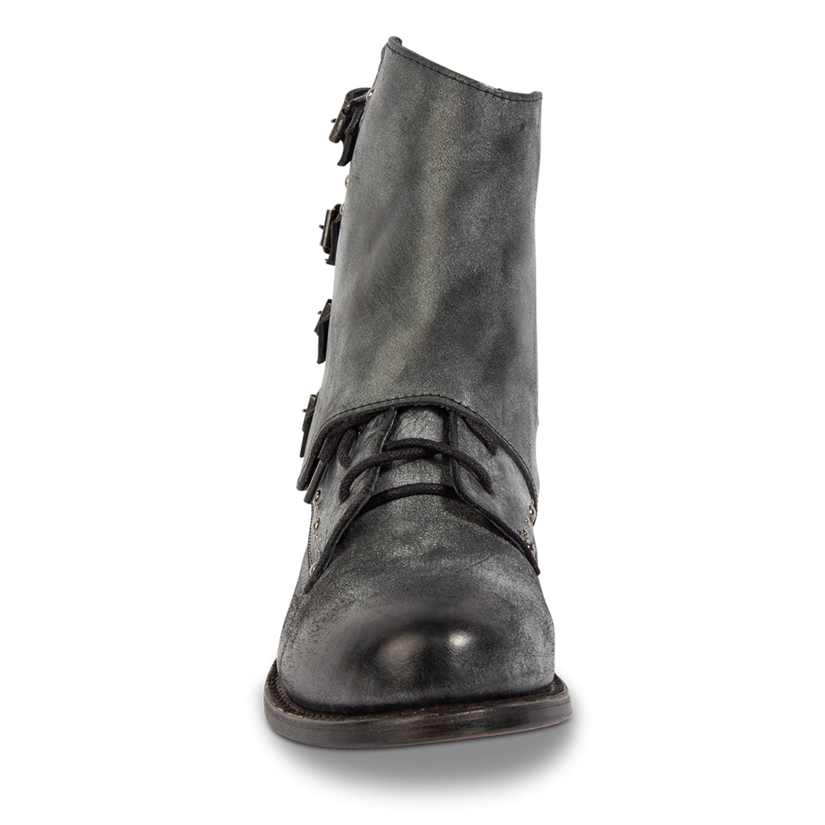 Front view showing FREEBIRD women's Rynn black leather bootie with front tie lacing, a protective leather shaft overlay and a round toe construction