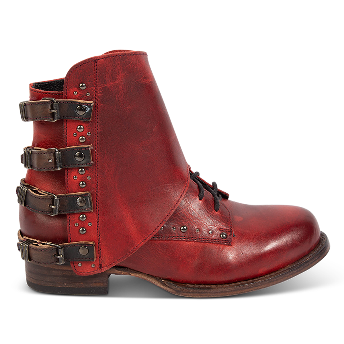 FREEBIRD women's Rynn red multi leather bootie with a protective leather overlay, front tie lacing and side snap closures