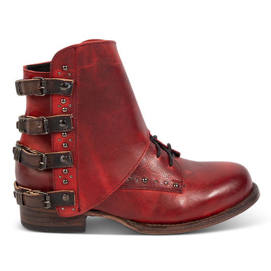 FREEBIRD women's Rynn red multi leather bootie with a protective leather overlay, front tie lacing and side snap closures