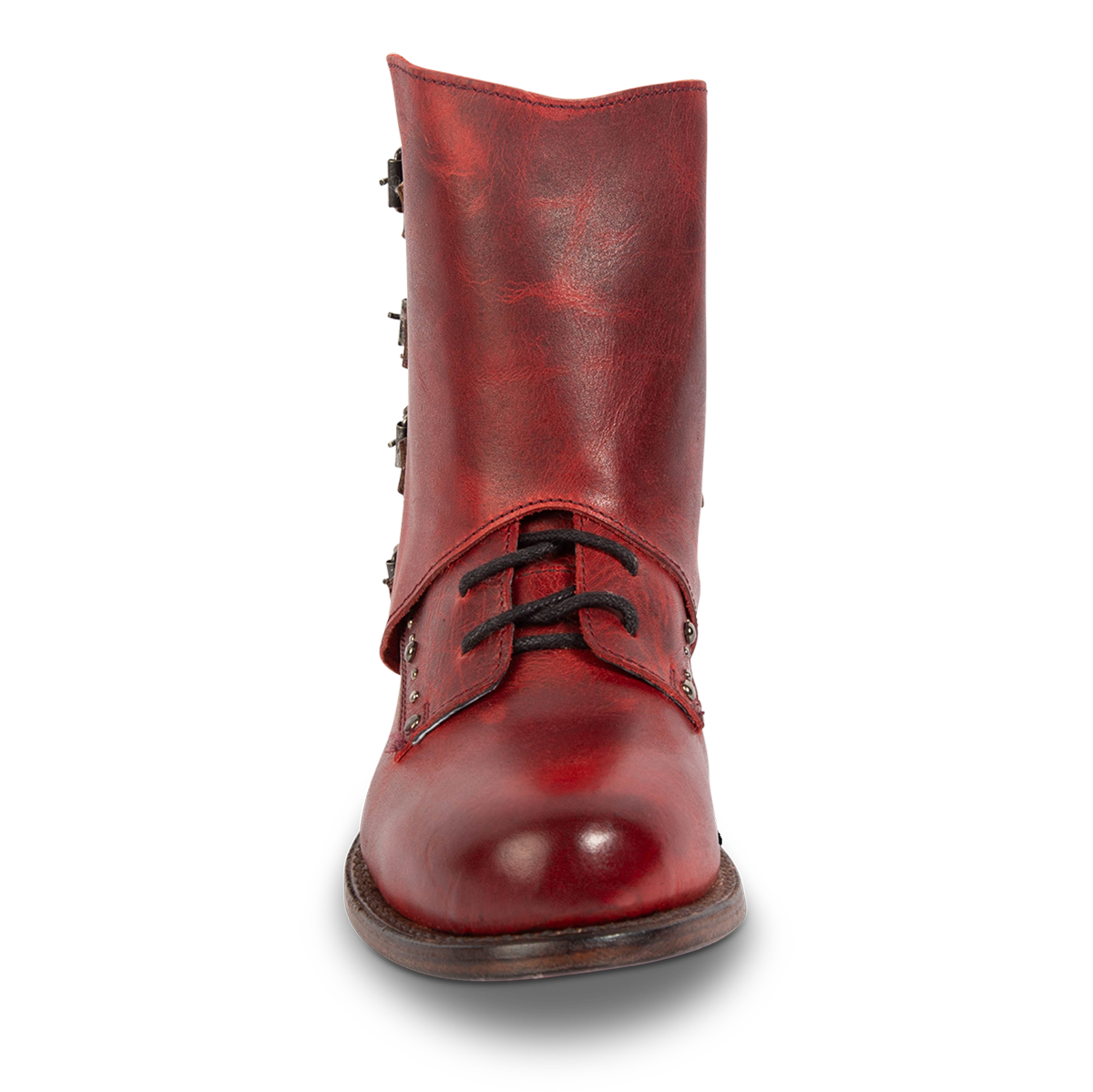 Front view showing FREEBIRD women's Rynn red multi leather bootie with front tie lacing, a protective leather shaft overlay and a round toe construction