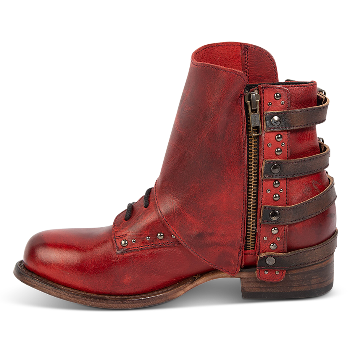 Inside view showing FREEBIRD women's Rynn red multi leather bootie with an inside working zipper, leather shaft overlay and snap closure protective leather overlay 