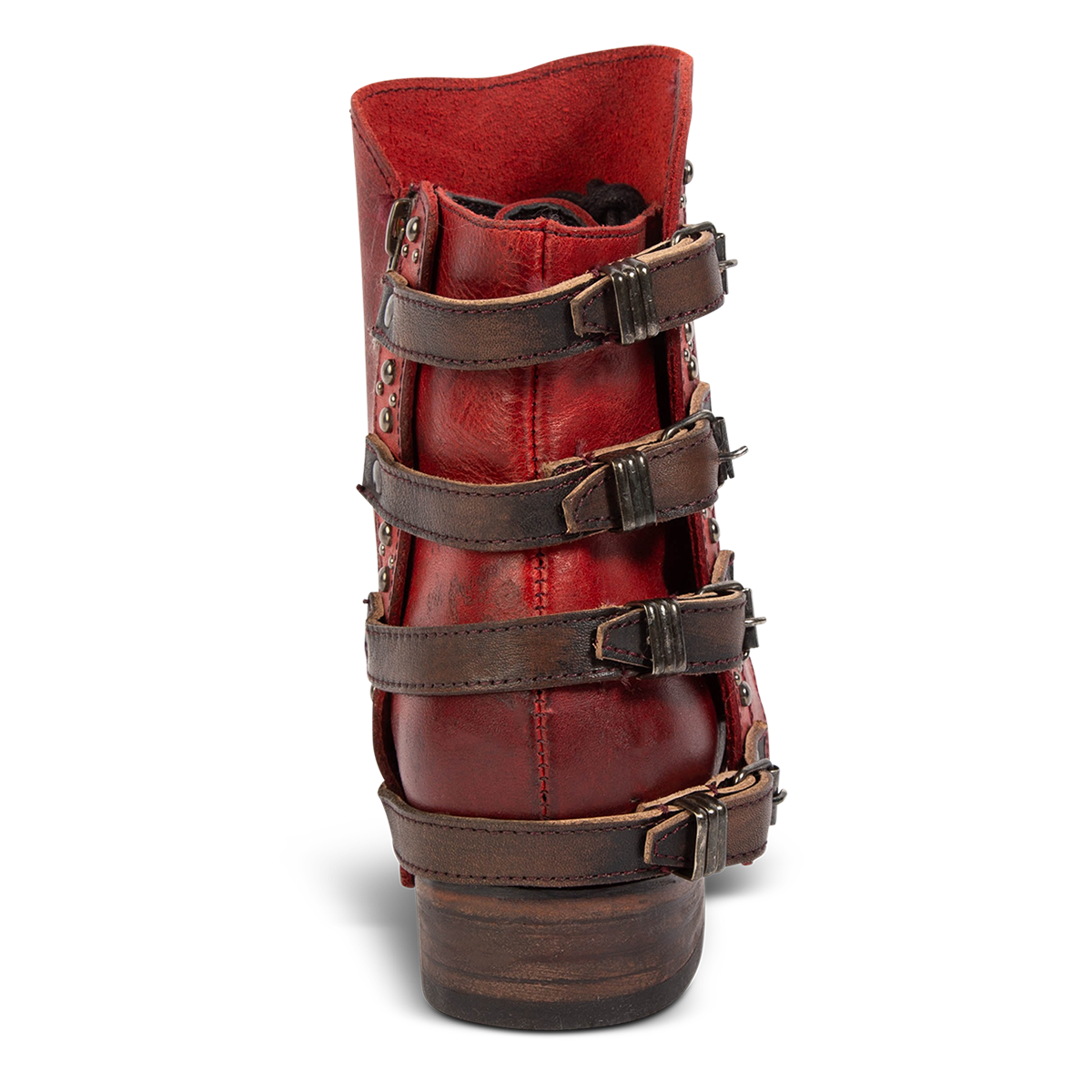 Back view showing FREEBIRD women's Rynn red multi leather bootie with a protective leather overlay with snap closures and low heel