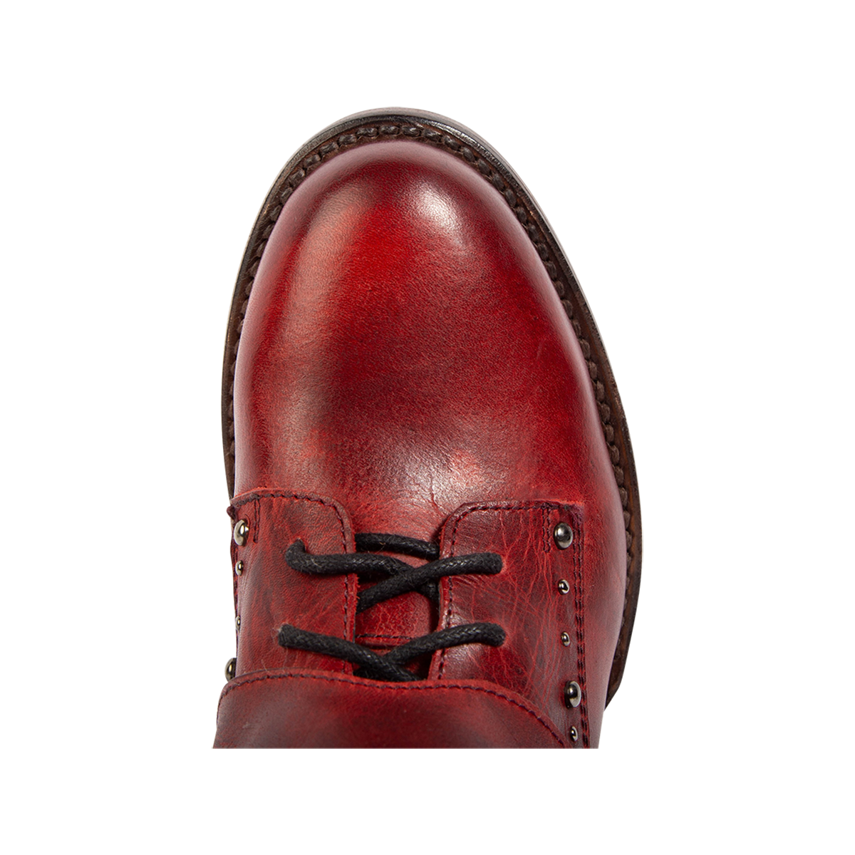 Top view showing a round toe construction on FREEBIRD women's Rynn red multi leather bootie