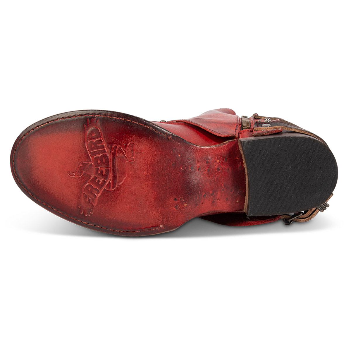 Leather sole imprinted with FREEBIRD on women's Rynn red multi leather bootie