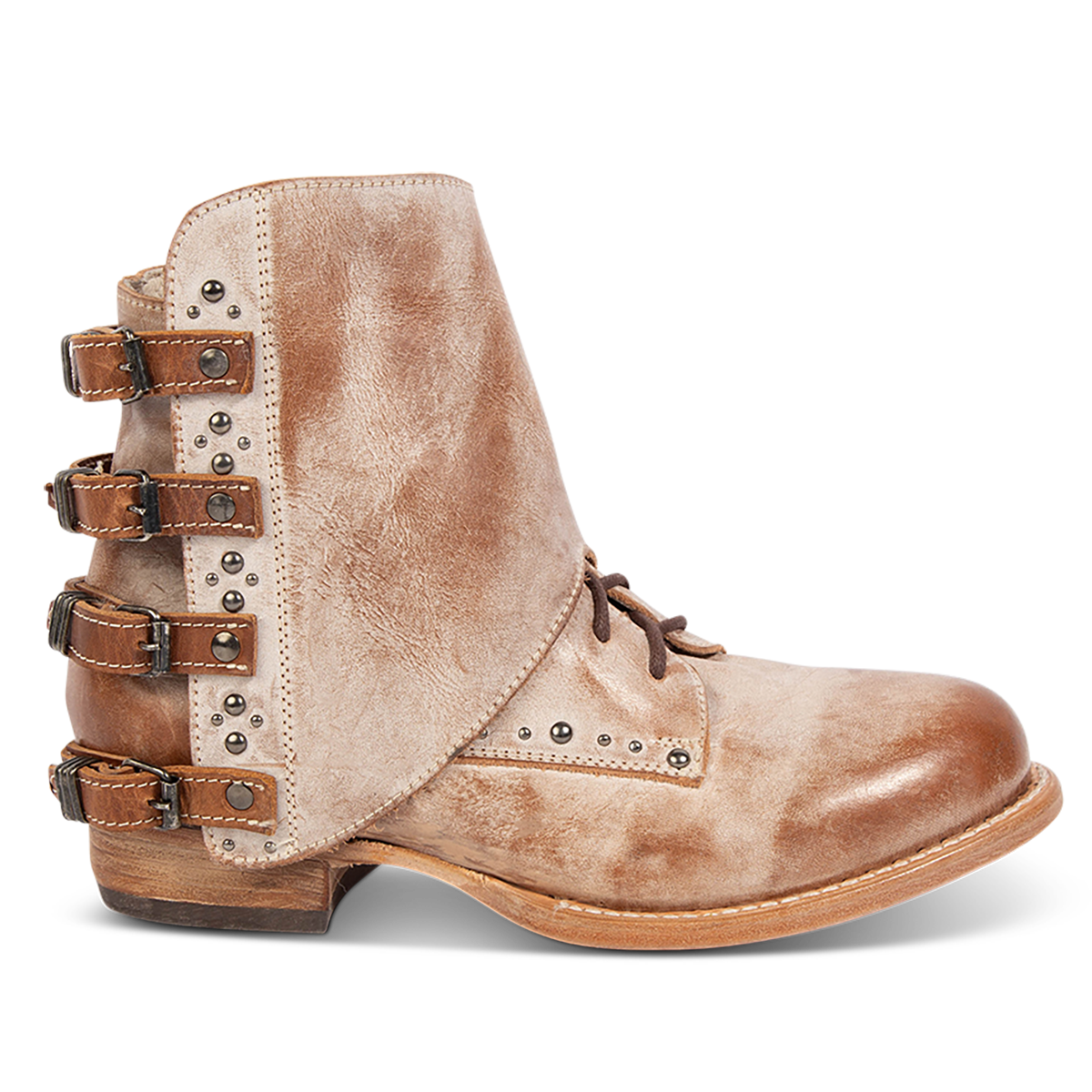 FREEBIRD women's Rynn taupe leather bootie with a protective leather overlay, front tie lacing and side snap closures