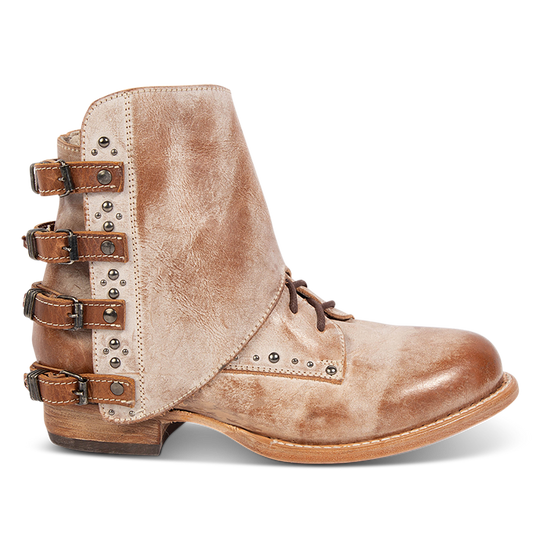 FREEBIRD women's Rynn taupe leather bootie with a protective leather overlay, front tie lacing and side snap closures