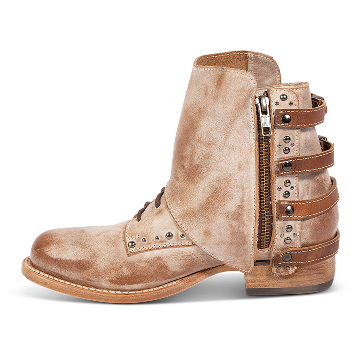 Inside view showing FREEBIRD women's Rynn taupe leather bootie with an inside working zipper, leather shaft overlay and snap closure protective leather overlay 