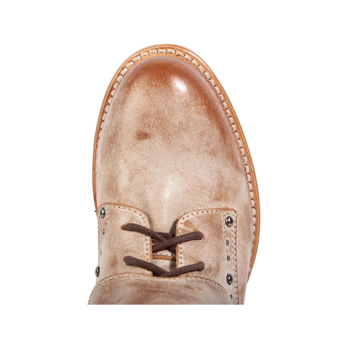 Top view showing a round toe construction on FREEBIRD women's Rynn taupe leather bootie