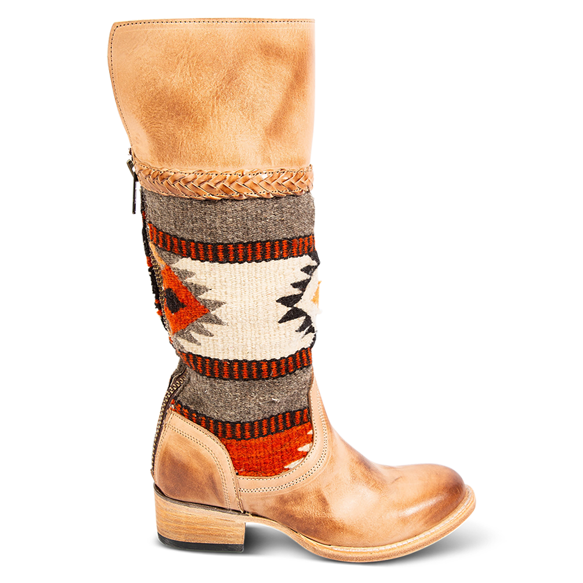 FREEBIRD women's Savage tan leather boot with 100% full grain leather, a woven textile upper and low block heel