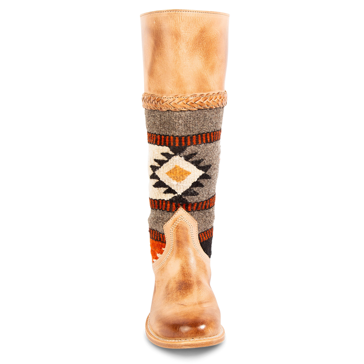 Front view showing FREEBIRD women's Savage tan leather boot with 100% full grain leather, a woven textile upper and braided accent detail