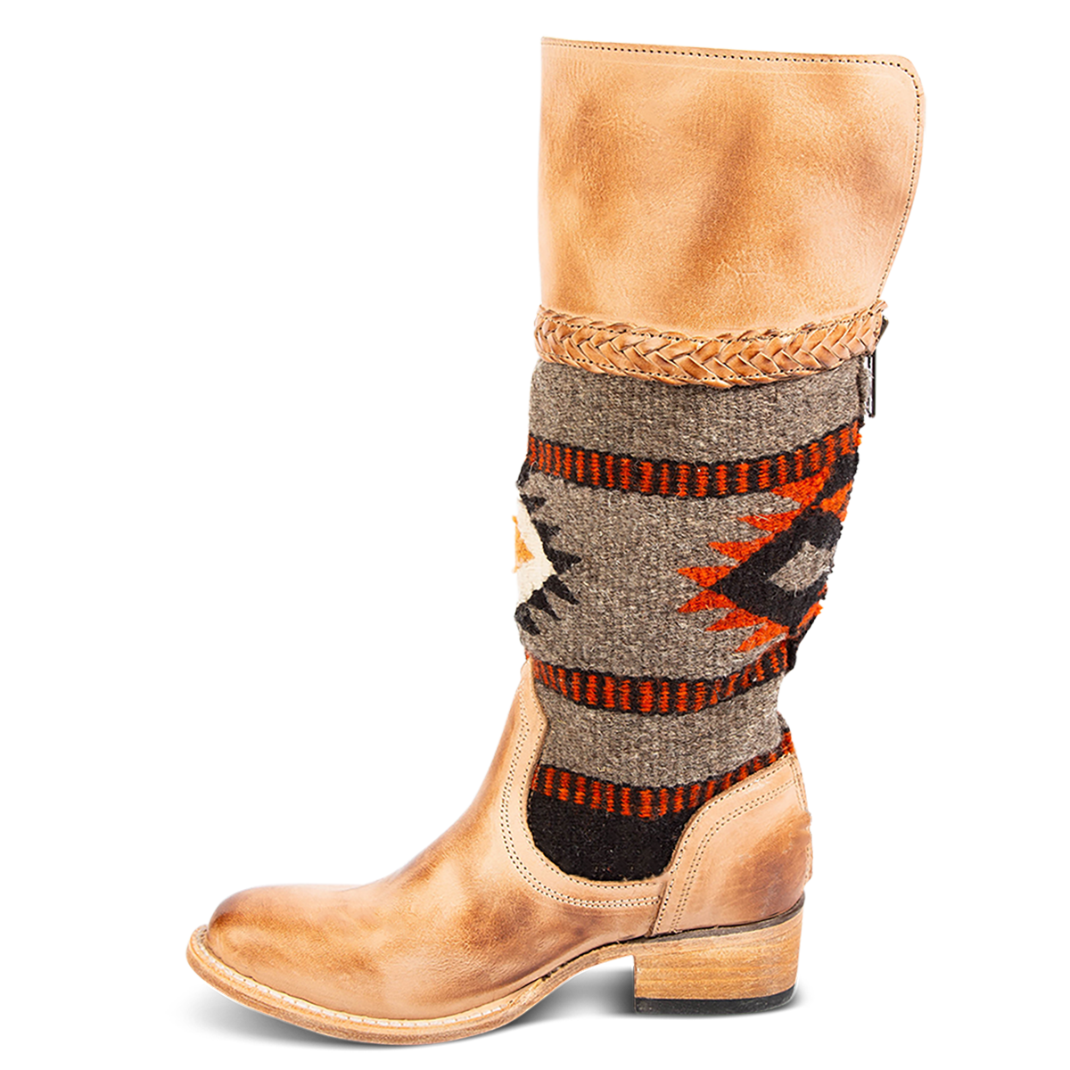 Inside view showing FREEBIRD women's Savage tan leather boot with 100% full grain leather, a woven textile upper and low block heel