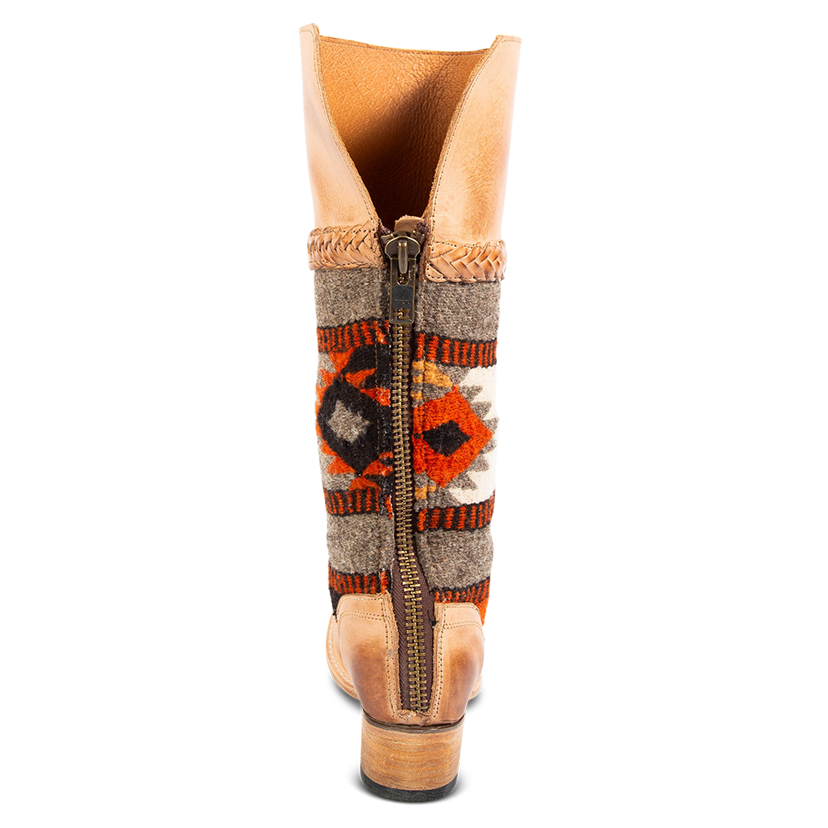 Back view showing FREEBIRD women's Savage tan leather boot with 100% full grain leather, a woven textile upper, low block heel and working back zipper