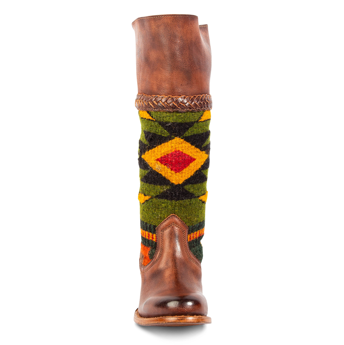 Front view showing FREEBIRD women's Savage whiskey leather boot with 100% full grain leather, a woven textile upper and braided accent detail