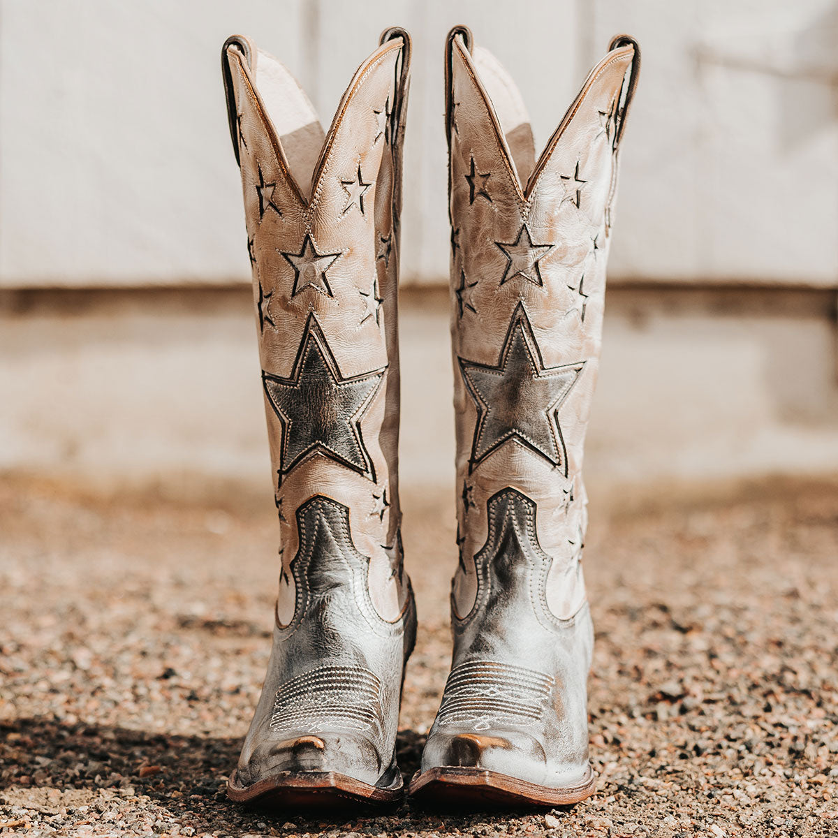 FREEBIRD women's Starzz beige leather cowboy boot with two-toned leather star inlay detailing traditional stitching and snip toe construction