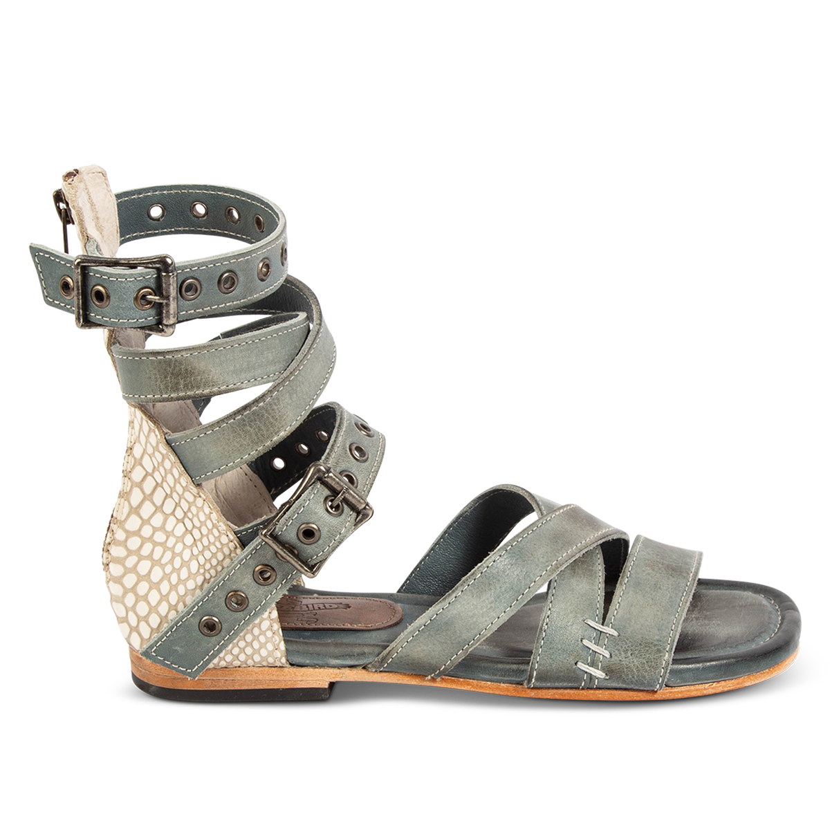 FREEBIRD women's Sydney blue multi leather gladiator sandal with adjustable leather straps and an abstract back panel