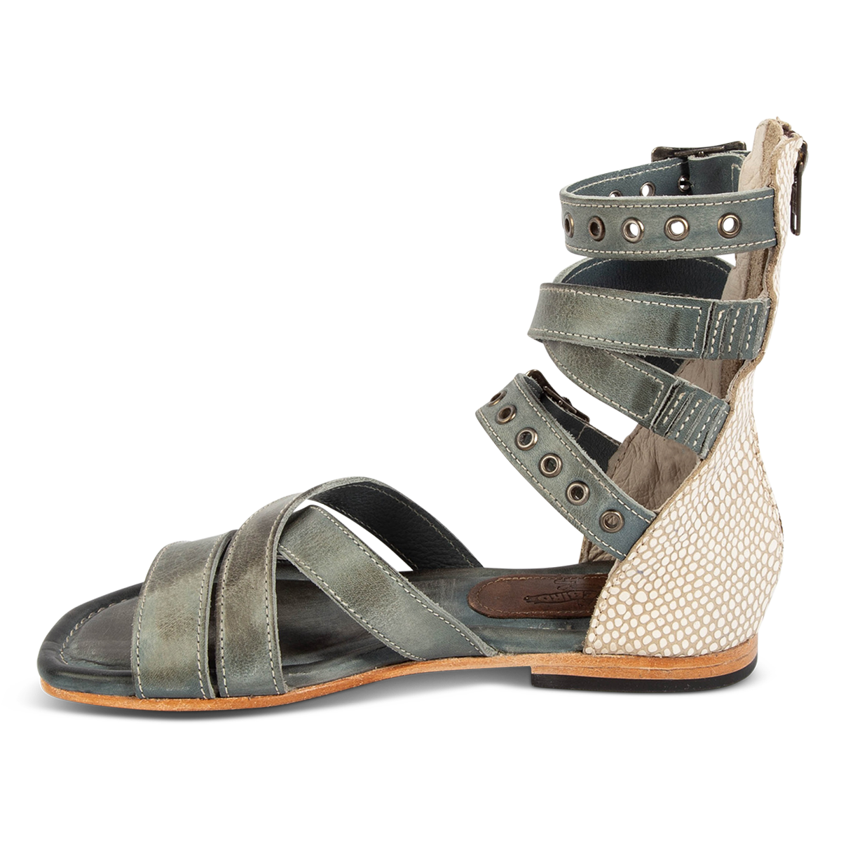 Inside view showing FREEBIRD women's Sydney blue multi leather gladiator sandal with adjustable leather straps and a contrasting back panel