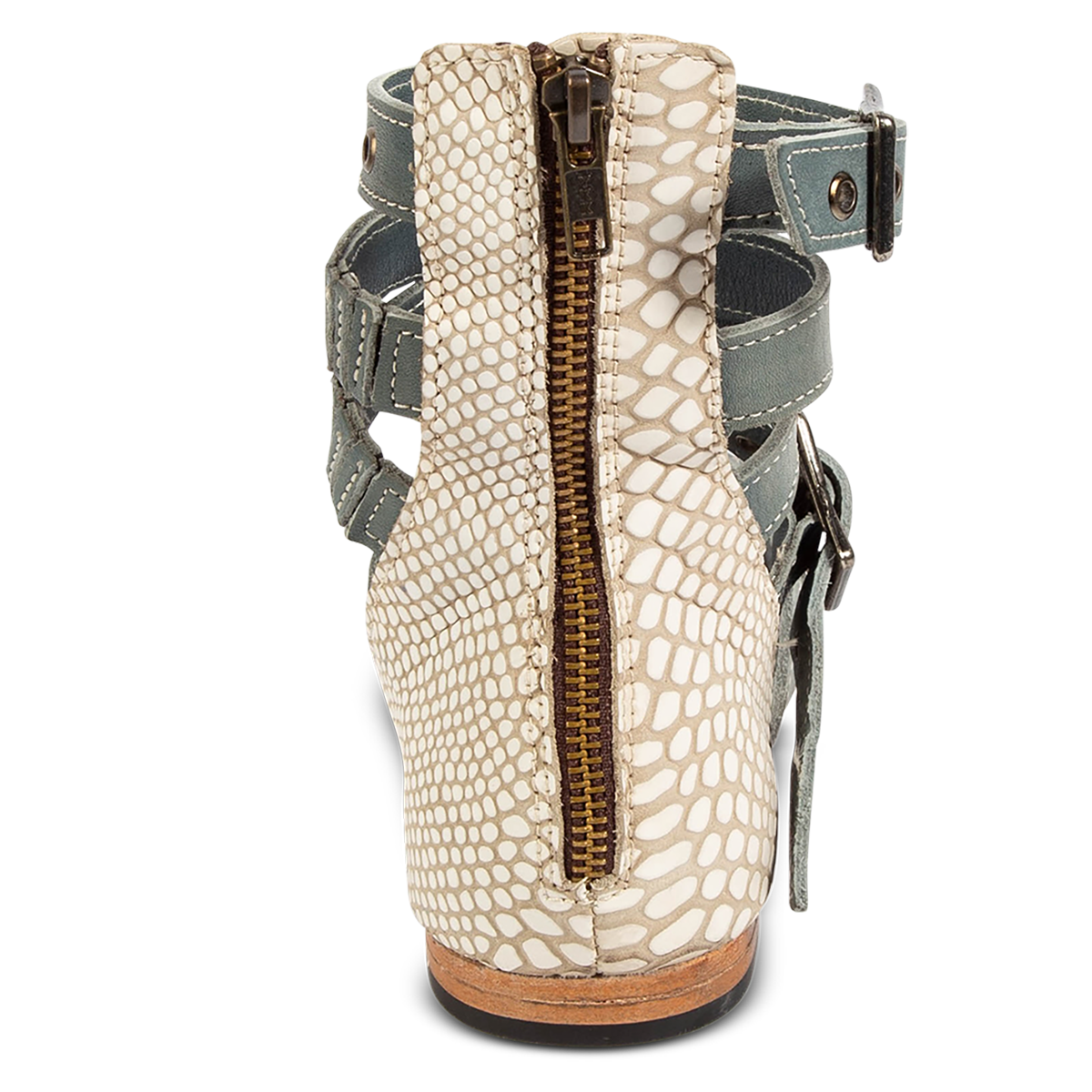 Back view showing an embossed back leather panel and working brass zipper on FREEBIRD women's Sydney blue multi leather gladiator sandal