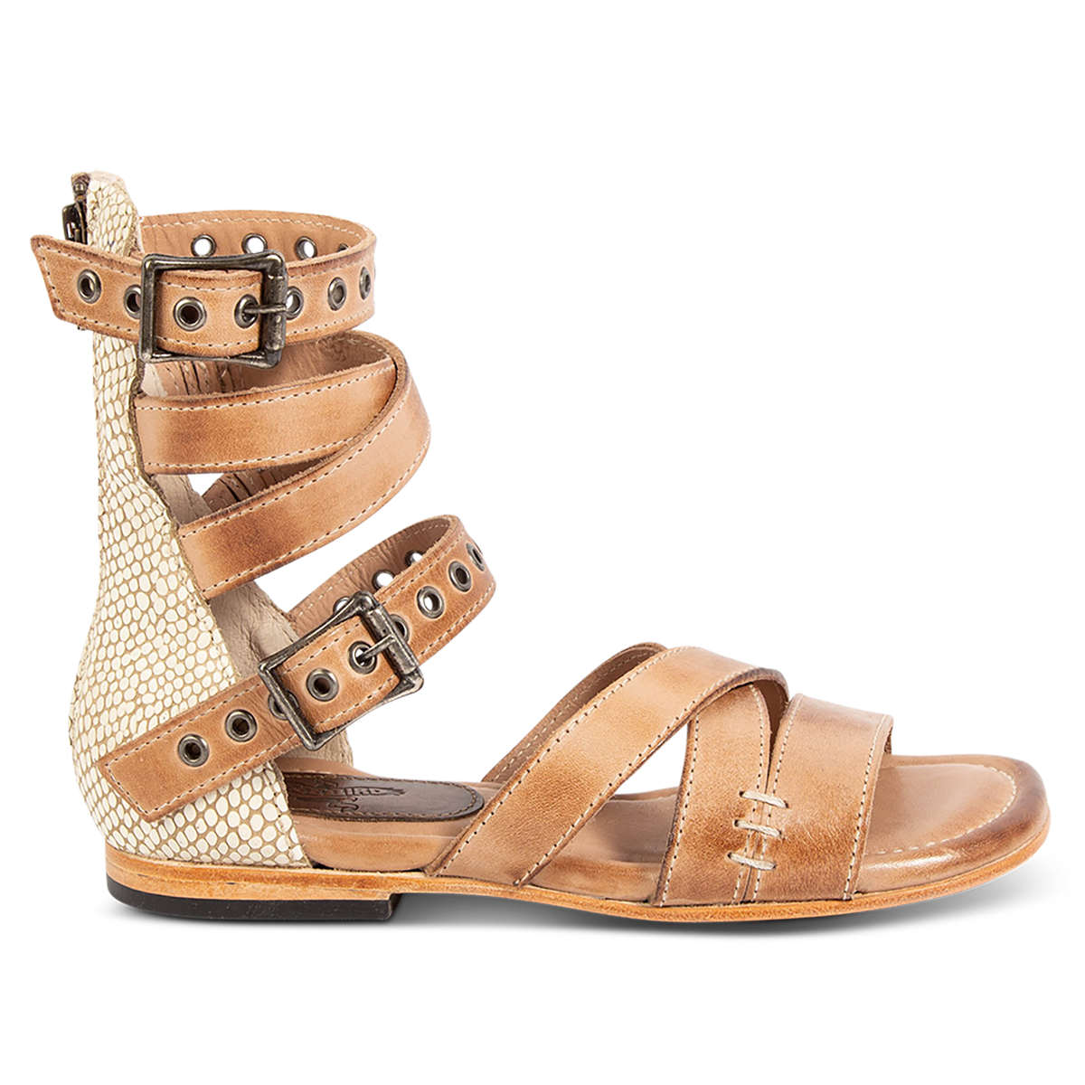 FREEBIRD women's Sydney natural multi leather gladiator sandal with adjustable leather straps and an abstract back panel