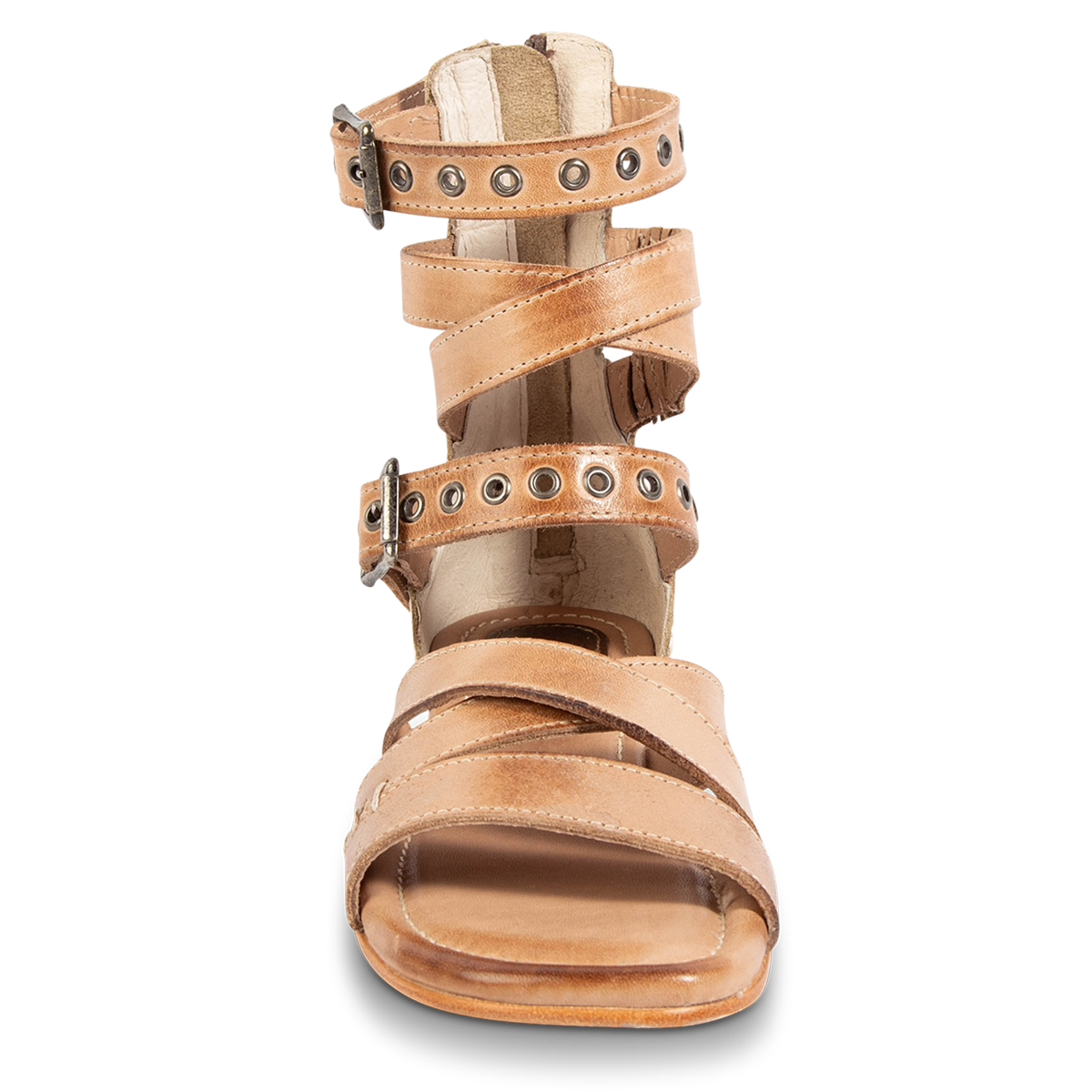 Front view showing FREEBIRD women's Sydney natural multi leather gladiator sandal with adjustable leather straps and an open toe construction