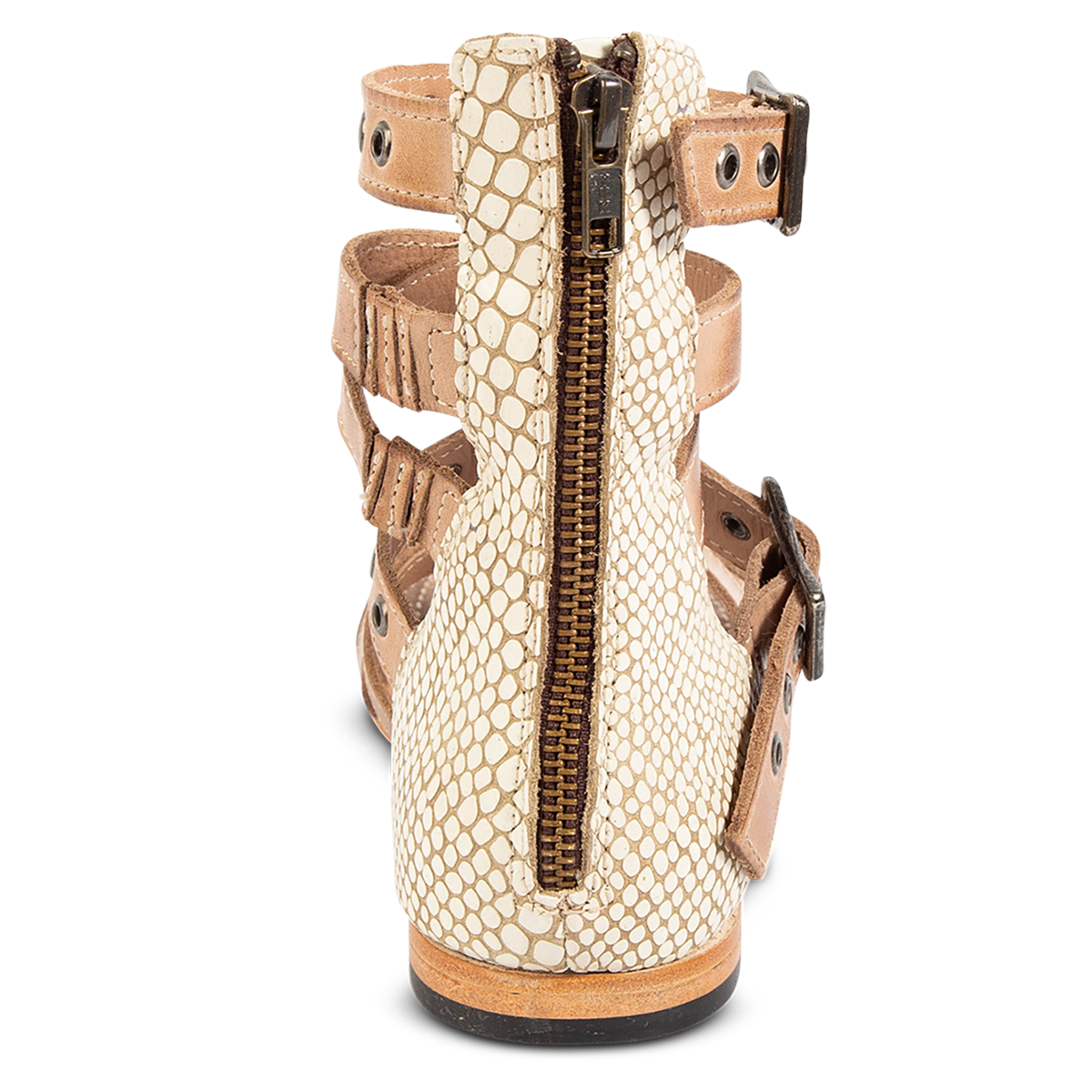 Back view showing an embossed back leather panel and working brass zipper on FREEBIRD women's Sydney natural multi leather gladiator sandal