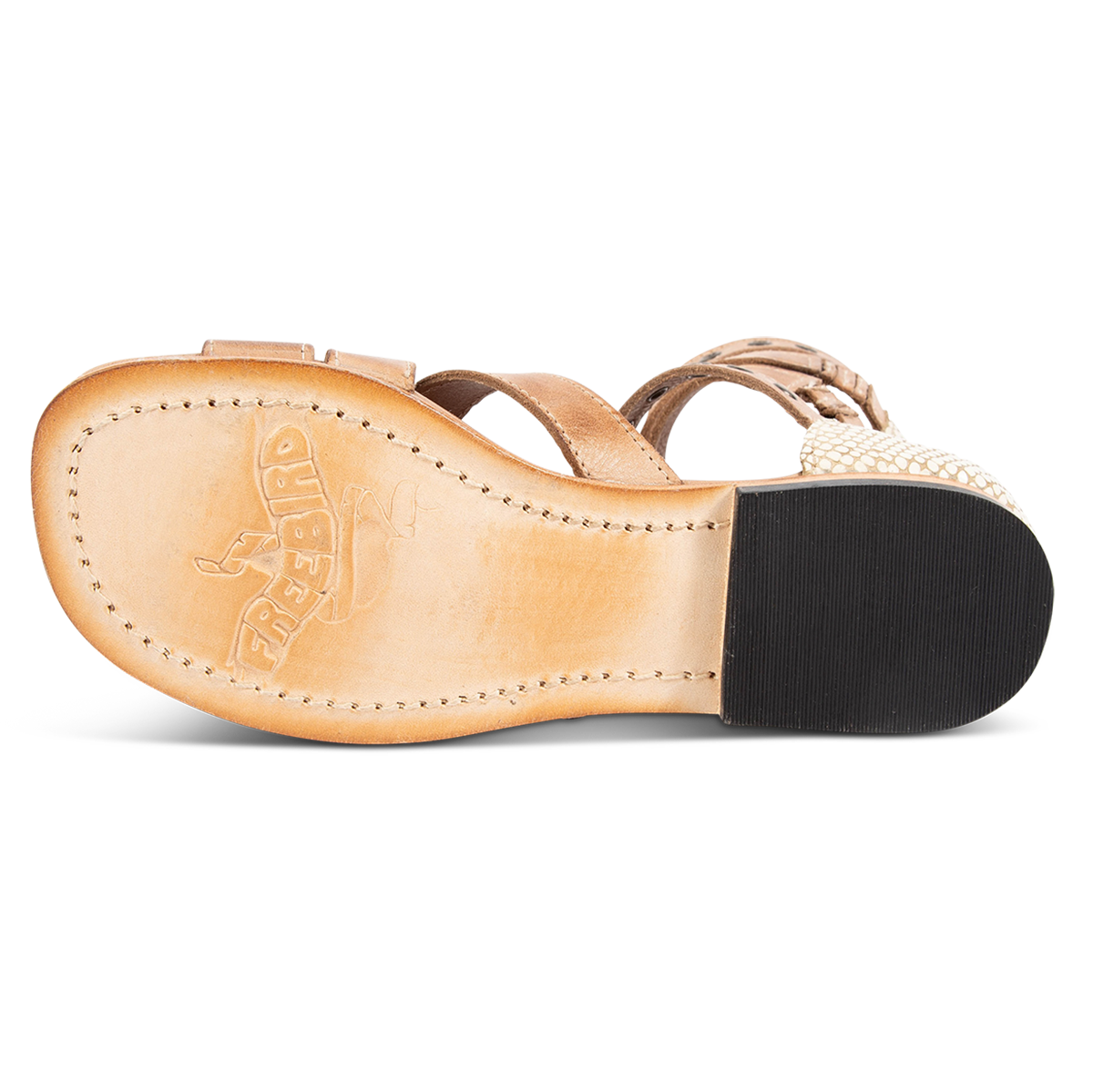 Leather sole imprinted with FREEBIRD on women's Sydney natural multi leather gladiator sandal