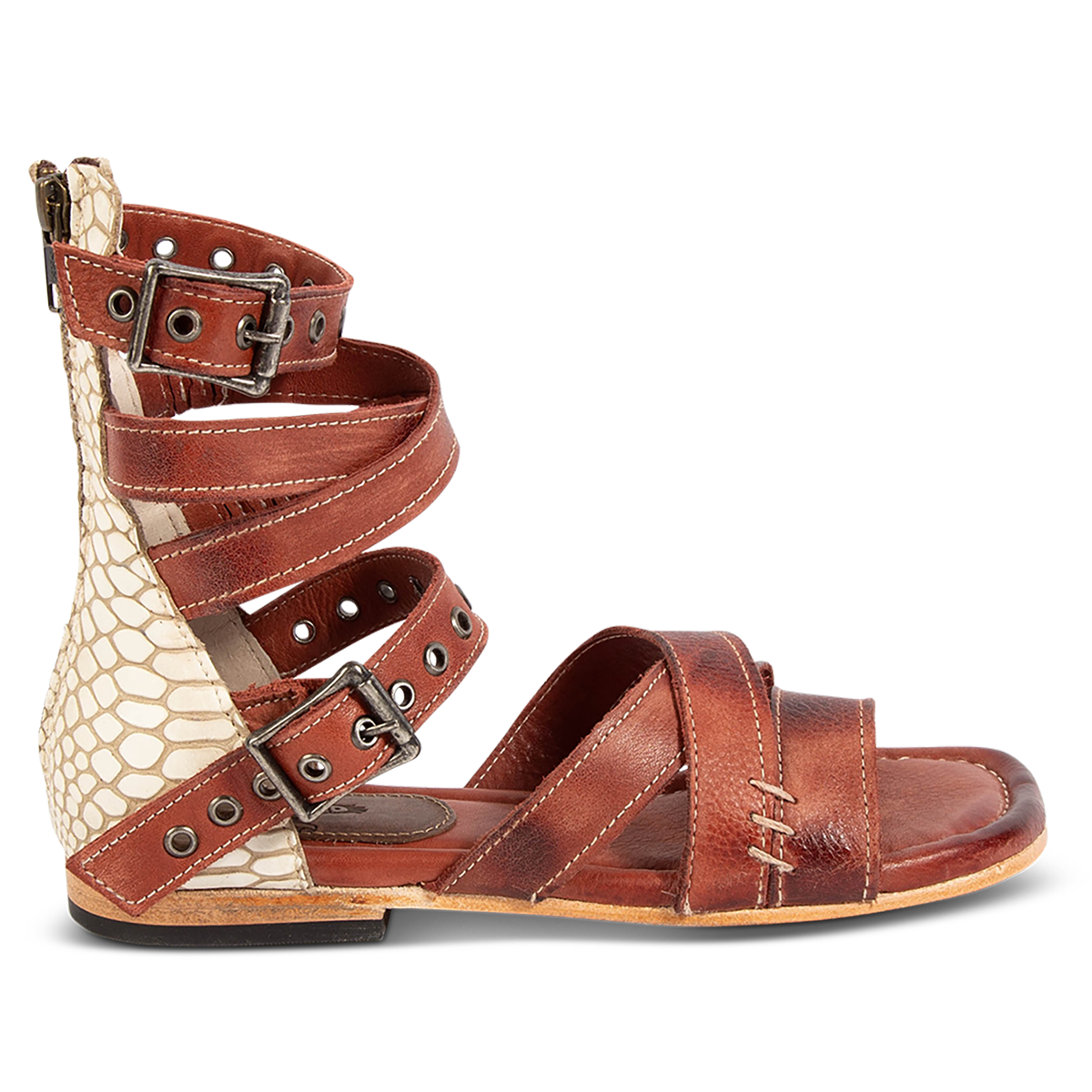 FREEBIRD women's Sydney rust multi leather gladiator sandal with adjustable leather straps and an abstract back panel