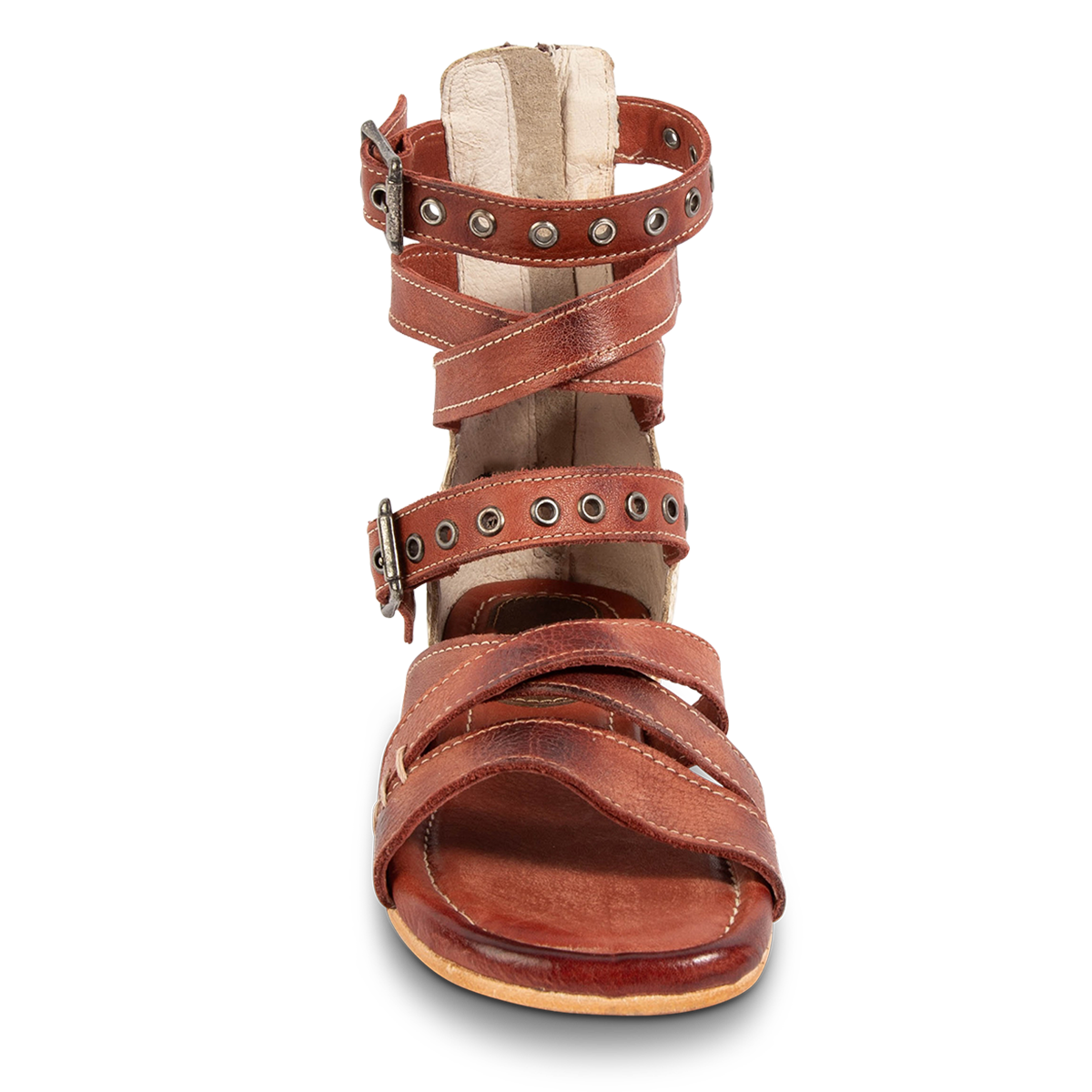 Front view showing FREEBIRD women's Sydney rust multi leather gladiator sandal with adjustable leather straps and an open toe construction