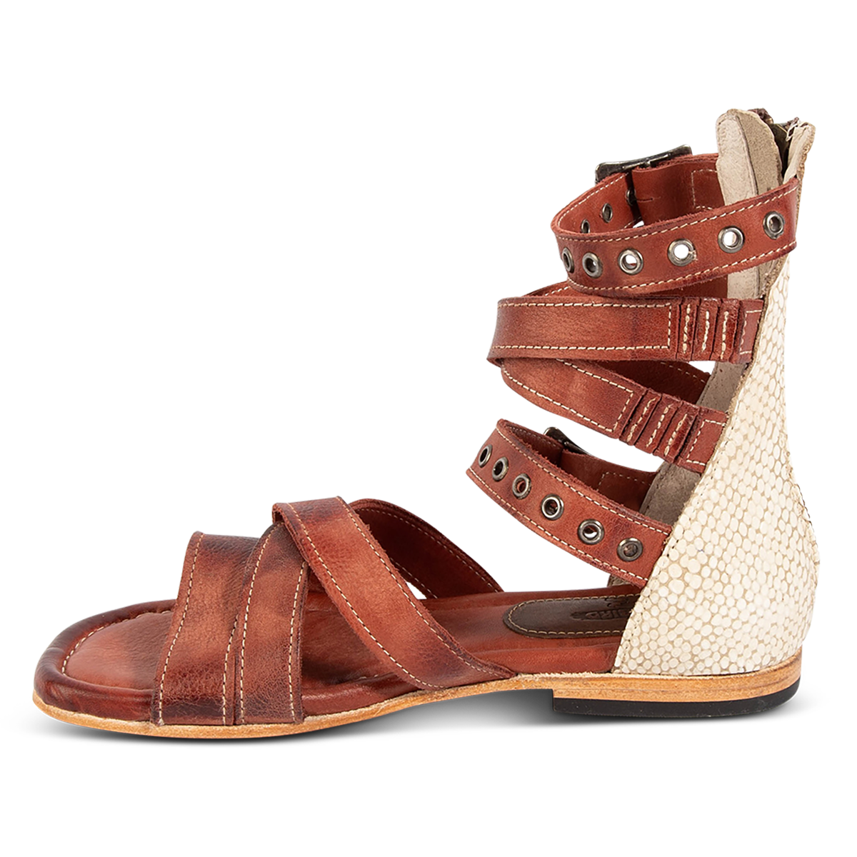 Inside view showing FREEBIRD women's Sydney rust multi leather gladiator sandal with adjustable leather straps and a contrasting back panel