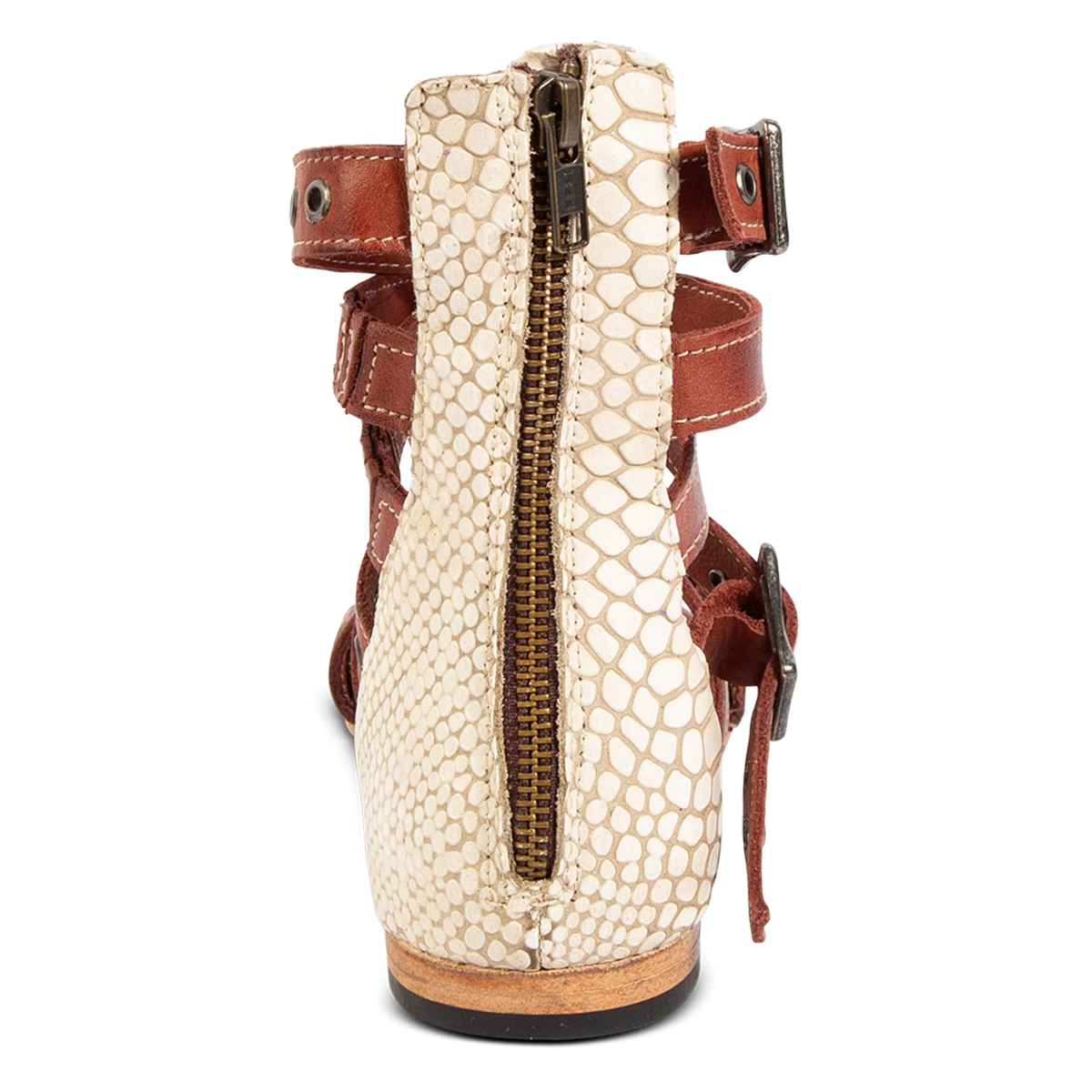 Back view showing an embossed back leather panel and working brass zipper on FREEBIRD women's Sydney rust multi leather gladiator sandal
