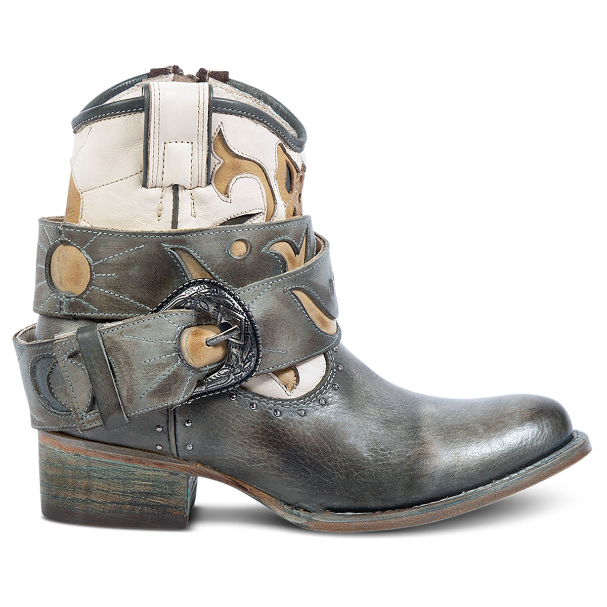 FREEBIRD women's Tash blue multi leather bootie with an inside working zipper, removable belt and laser cut detailing