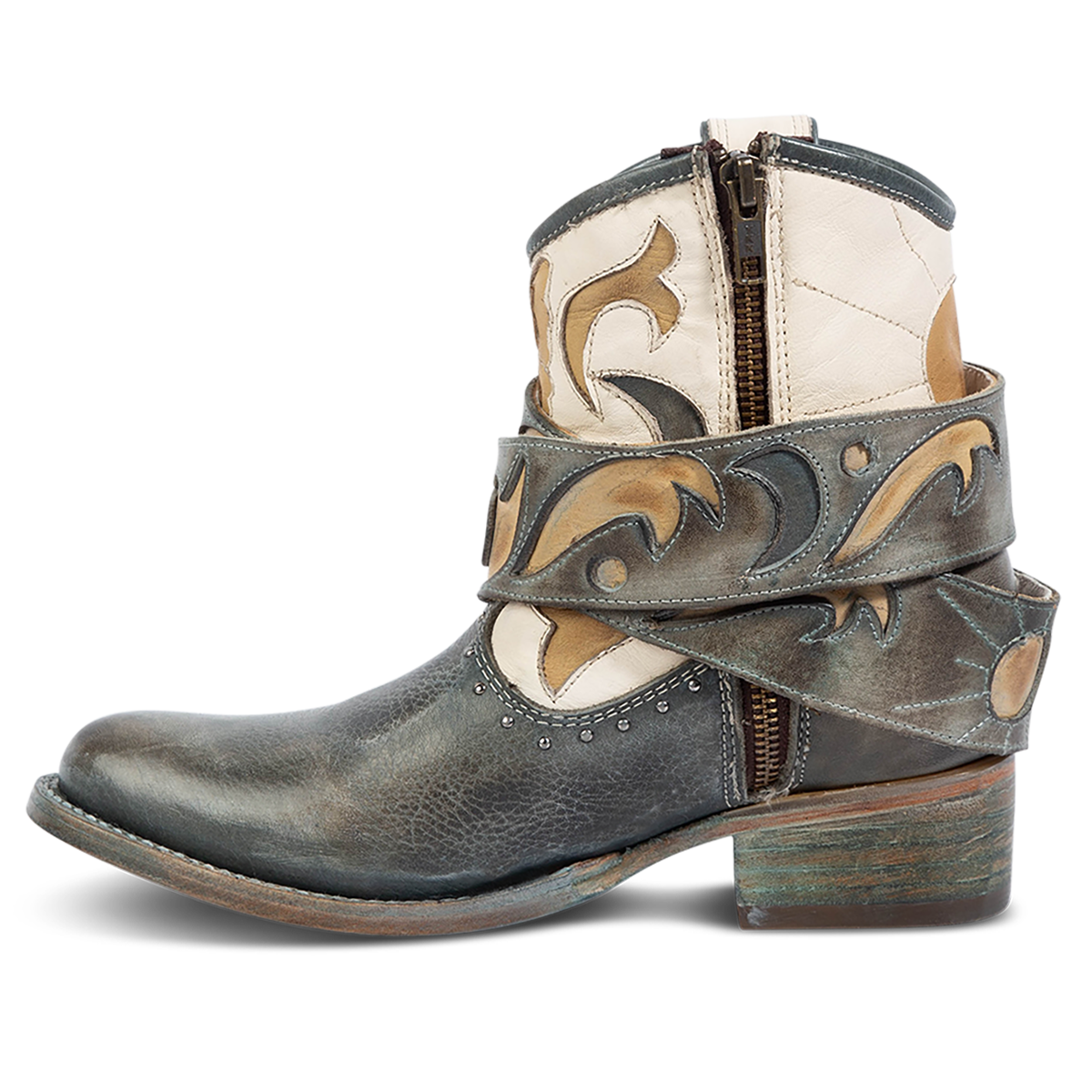 Inside view showing FREEBIRD women's Tash blue multi leather bootie with a working brass zipper, removable belt and laser cut detailing